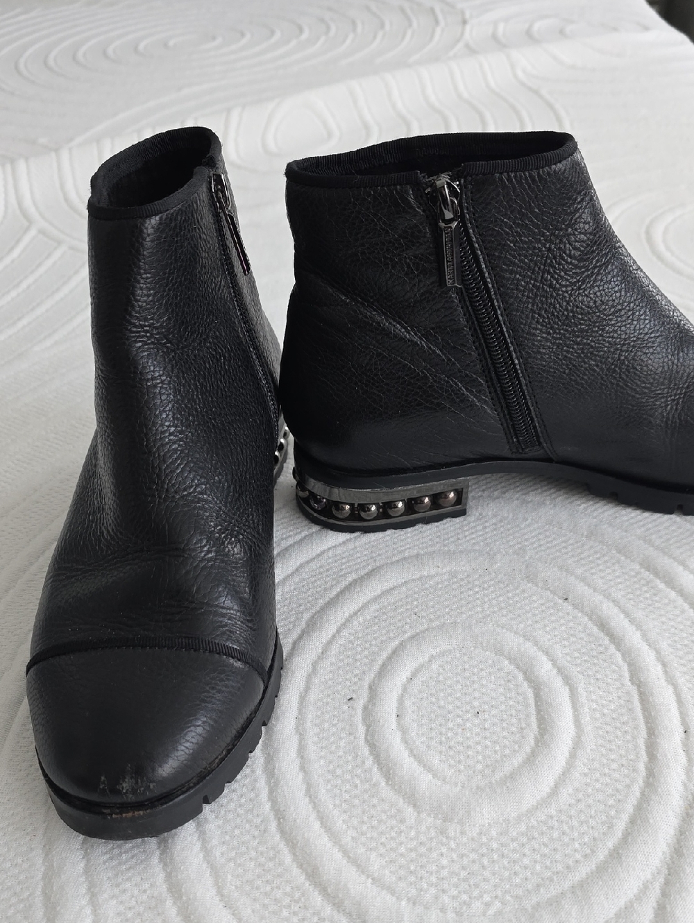 Karl Lagerfeld Paris Safia Black Leather Ankle Booties with Studded Heel Trim